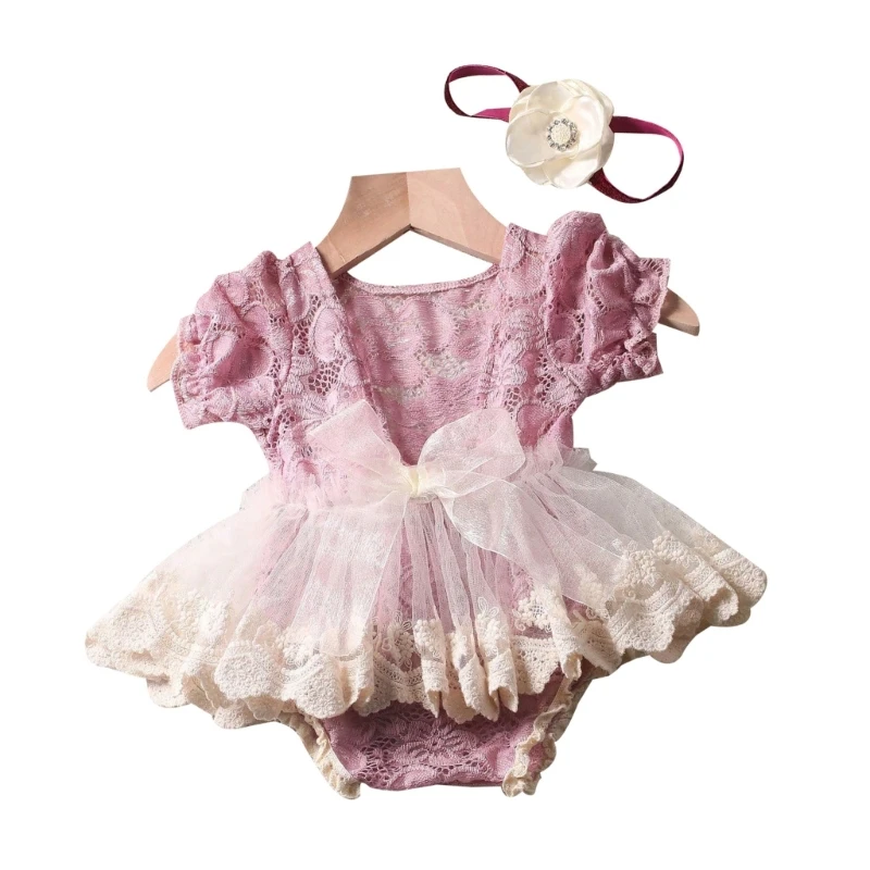 

Baby Girls Photography Props Lace Dress Jumpsuit Floral Hairband Newborn Photo Props Photoshoot Headband Photo Outfit QX2D