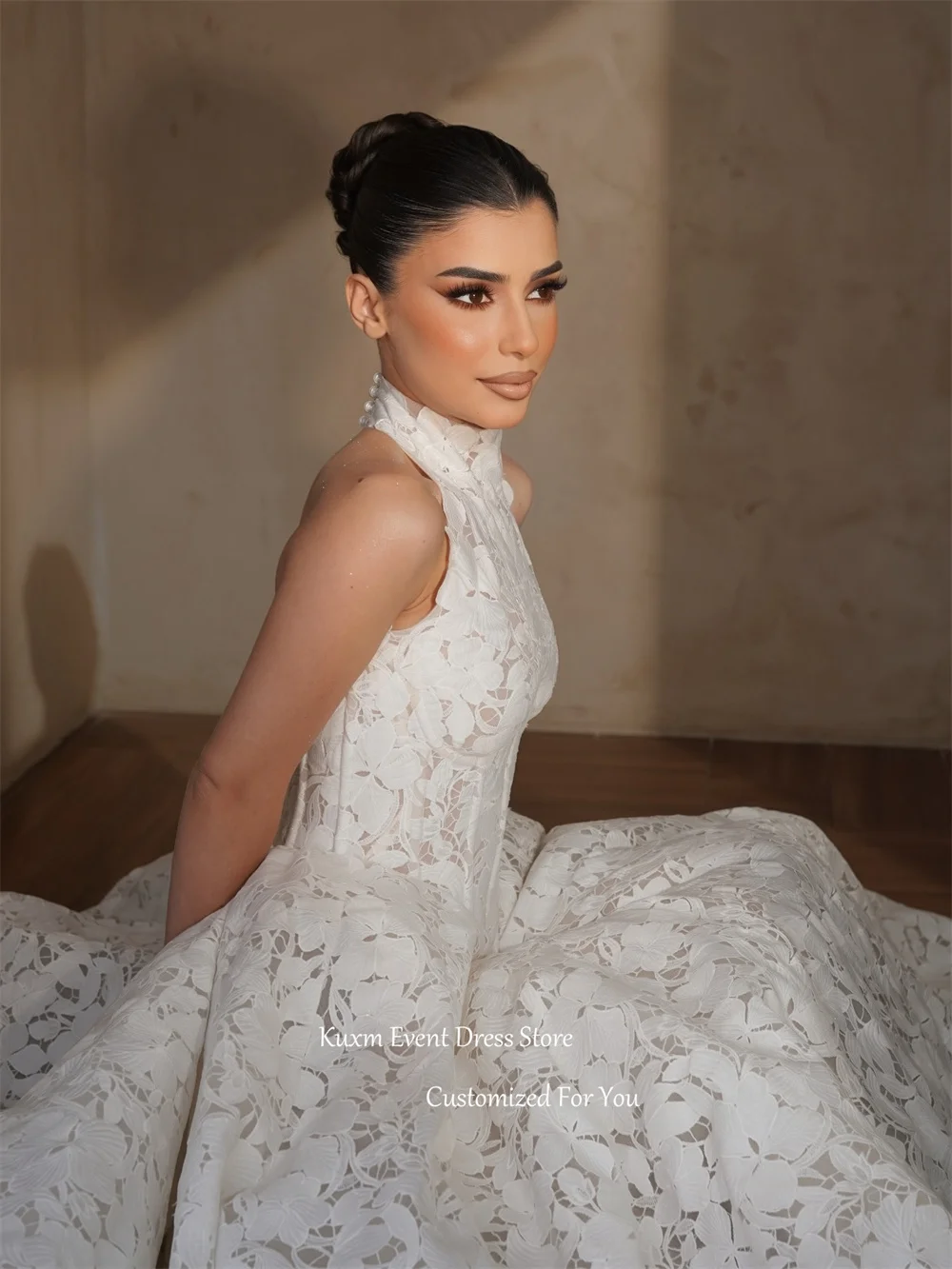 Kuxm White Halter Neck Women's Wedding Dress Sleeveless A Line Bridal Gown Elegant Lace Appliques Vestido De Novia Customized