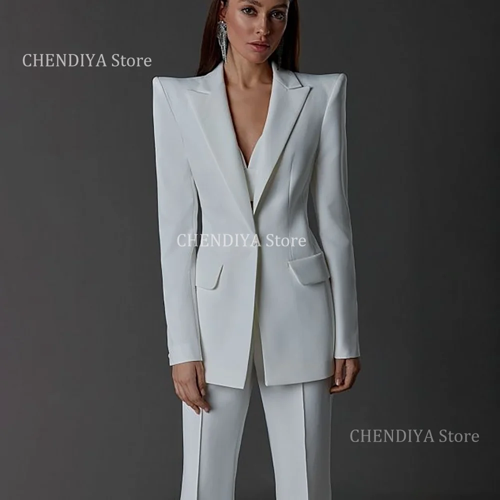 Elegant White Notch Lapel Suits For Women Single Button 2 Piece Important Speeches Formal Business Meeting Outfits Jacket Pants