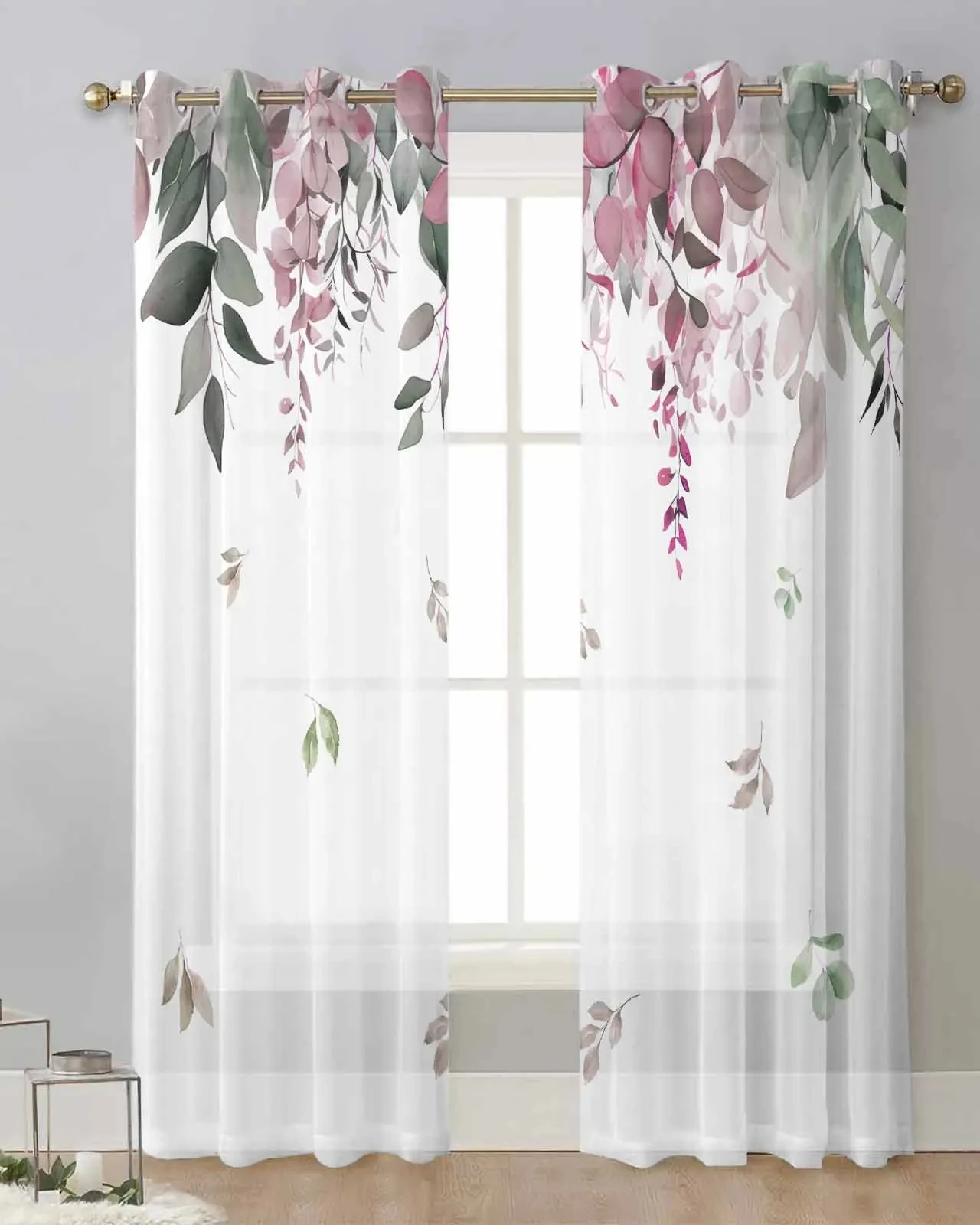 Watercolor Flowers Plants Leaves Blue Tulle Curtains Living Room Kitchen Sheer Window Treatments Voile Drapes With Grommets