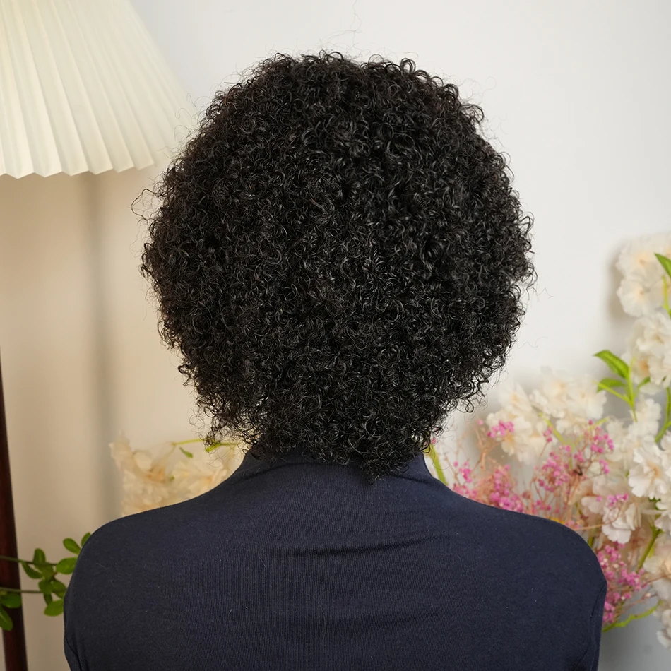 الأفرو غريب شعر بشري مجعد شعر مستعار قصير الأفرو بوب للنساء السود مع الانفجارات البرازيلي خصلات الشعر المستعار الإنسان آلة صنع قبل قطعها