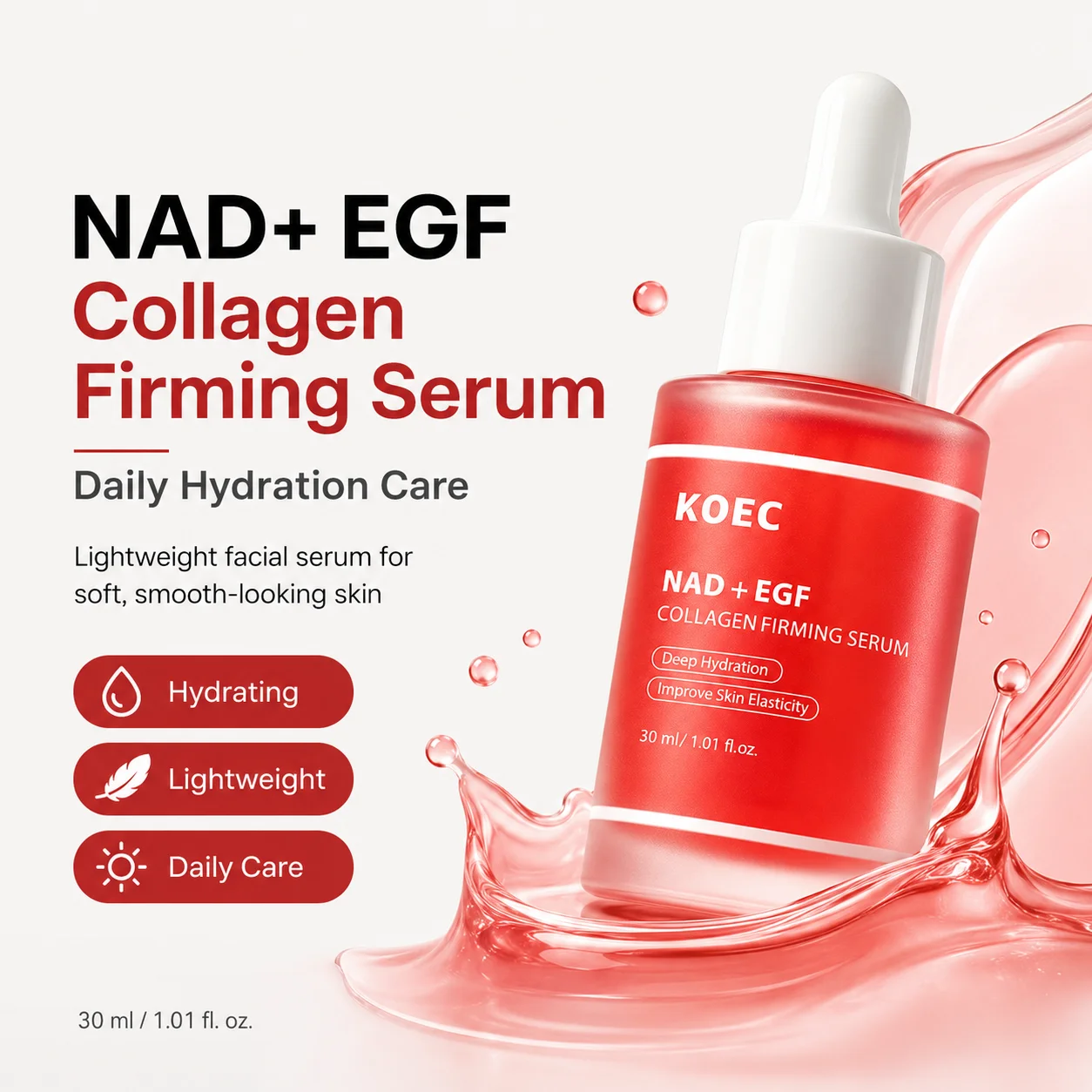 KOEC NAD EGF Collagen Firming Serum for Face | NAD Peptide Boosting Serum with EGF Peptide & Collagen - Pore Care, Supports Elasticity, Hydrated & Smooth Skin, Korean Skincare, 30ml