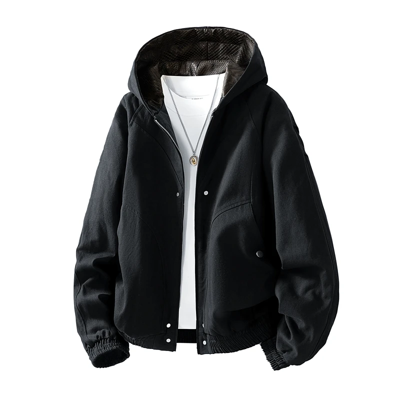 

Streetwear Men's Hooded Jacket - Snake Skin Lined Hood, Oversized Silhouette with Ribbed Cuffs, Stylish for Urban Night Looks