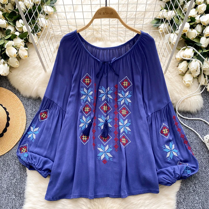 EWQ Fashion Embroidery Lace-up Women\'s Blouse Versatile Contrast Color Round Collar Long Sleeve Casual Clothing 2024 New 27X1124