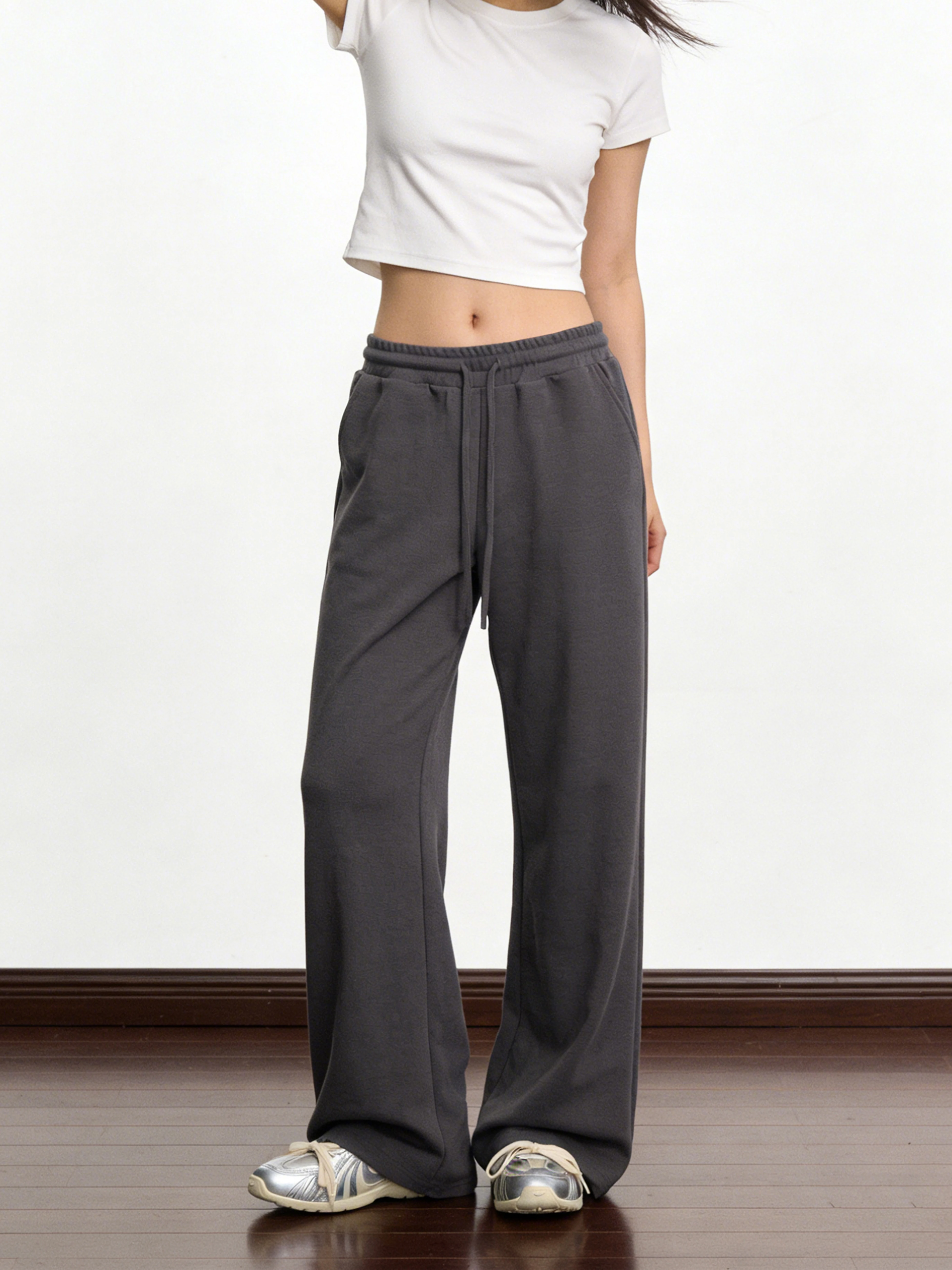 

American Retro Drawstring Wide Leg Pants Women's Loose Straight Casual Sports Matching Sweatpants Natural Waist Cotton Blend