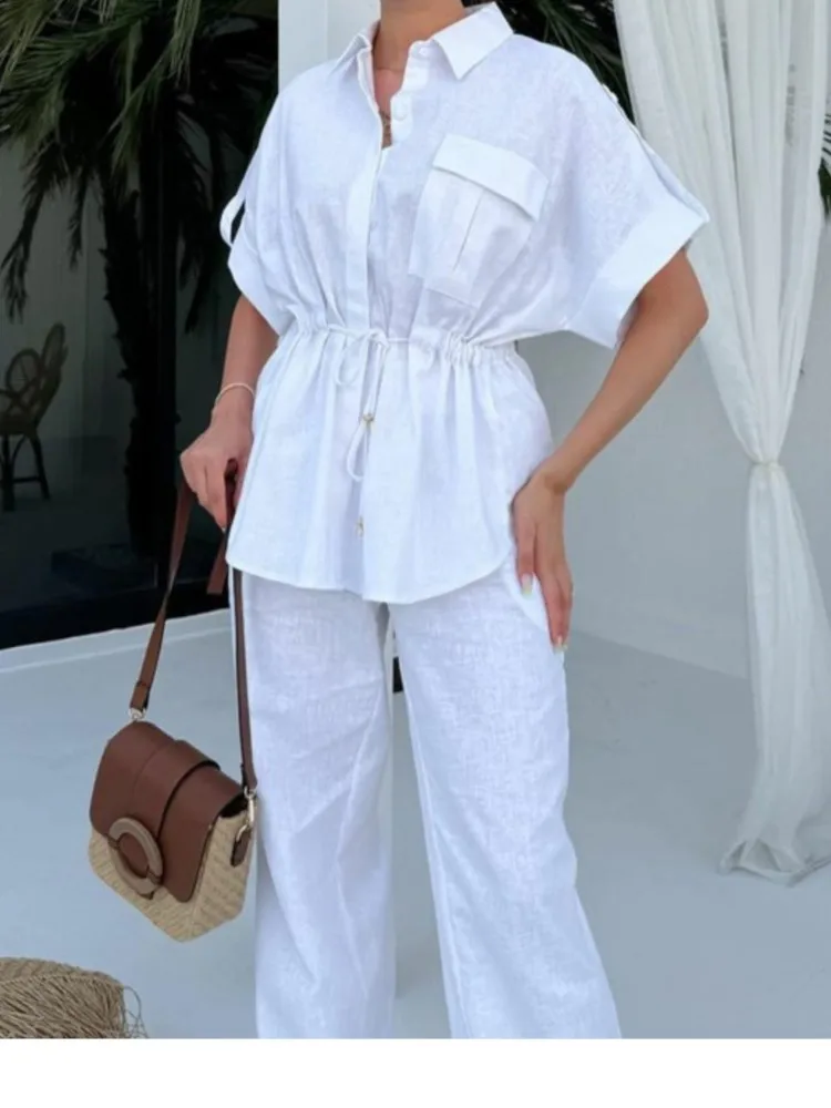 

Summer New Simple Solid Color Casual Suit Fashion Women's Workwear Style Drawstring Pocket Temperament Commuting Two-piece Sets