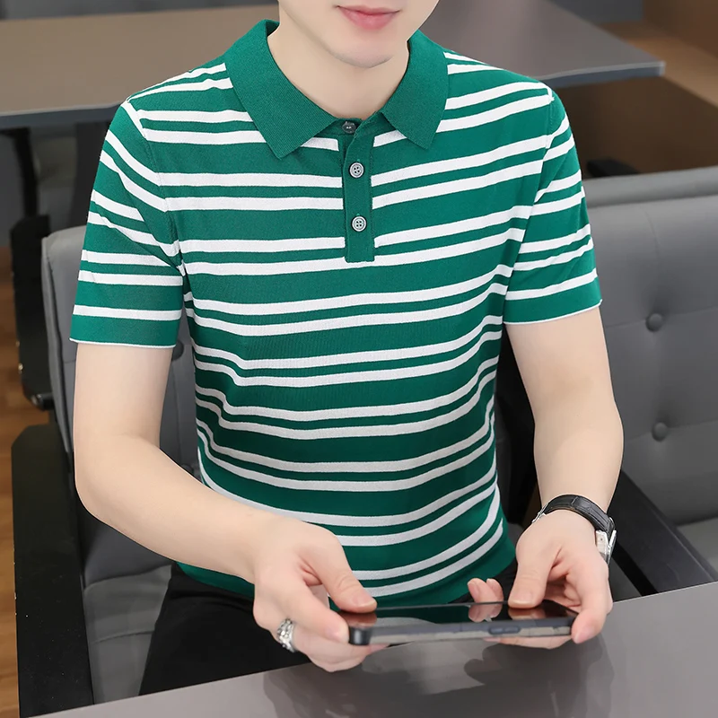 Striped Classic Polo Shirt Luxury Man Short Sleeve Knitwear Cool Summer Quality Polyester Viscose Stretchy Camisas Masculina 4XL