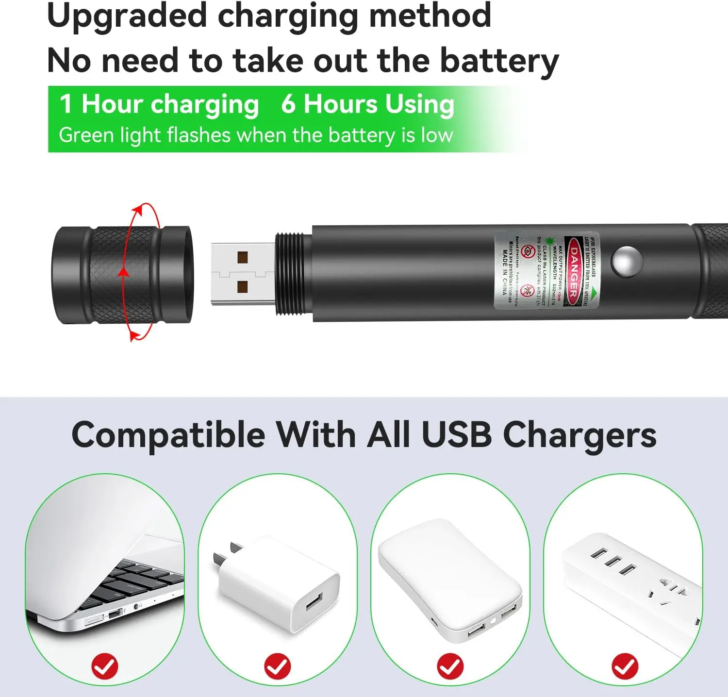 4-Pack Rechargeable Green Laser Flashlight for TV Screens, Long Range Tactical Use in Office, Outdoors & Construction