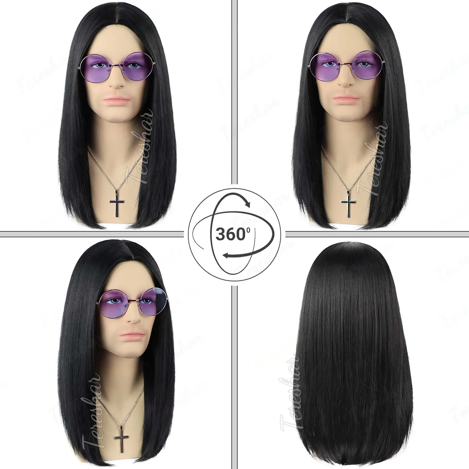 Synthetic Long Black Straight 80s Heavy Metal Rocker Wig for Men Center Parting Wigs Including Cross Necklace and Purple Glasses