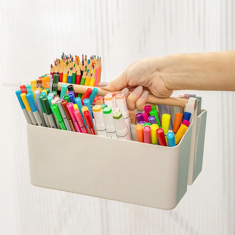 Storage Box Large Capacity Pen Holder Compartments Design Desktop Stationery Organizer With Handle For Home