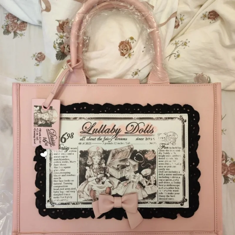 Lolita Pink Bow Lace Soft Big Capacity Sacs à main initiés, Fashion Tote, Underarm Bag, Bolsa Bags