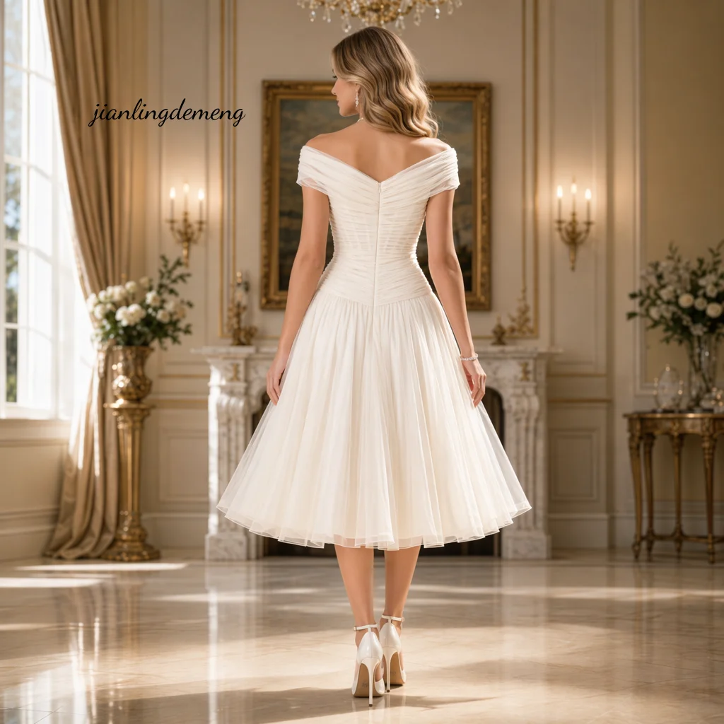Romantic Vintage Ivory Tulle Wedding Dress A Line Off Shoulder Ruched Corset 3D Floral Civil Elopement Bridal Gown Customized