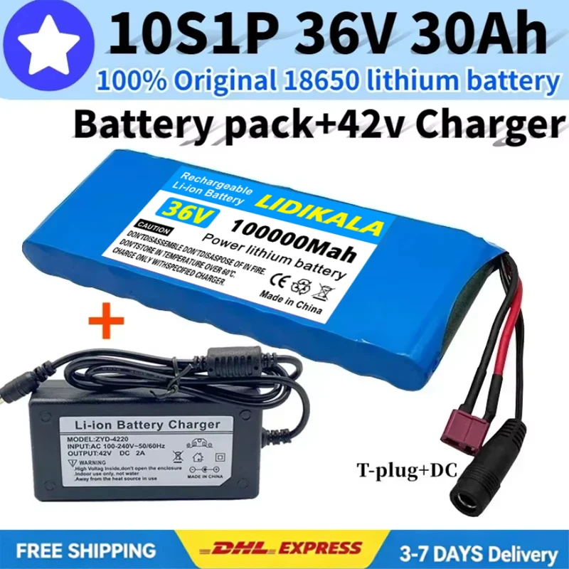 Pacco batteria 10S1P 36V 100000mAh 30Ah 18650 batterie ricaricabili agli ioni di litio per auto elettriche, biciclette, scooter, 20A BMS 500W+ caricabatterie