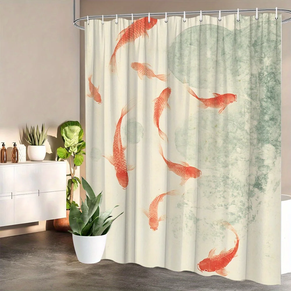 

Red carp swimming shower curtain simple watercolor design elegant bathroom decoration, with 12 hooks, suitable for bathtub