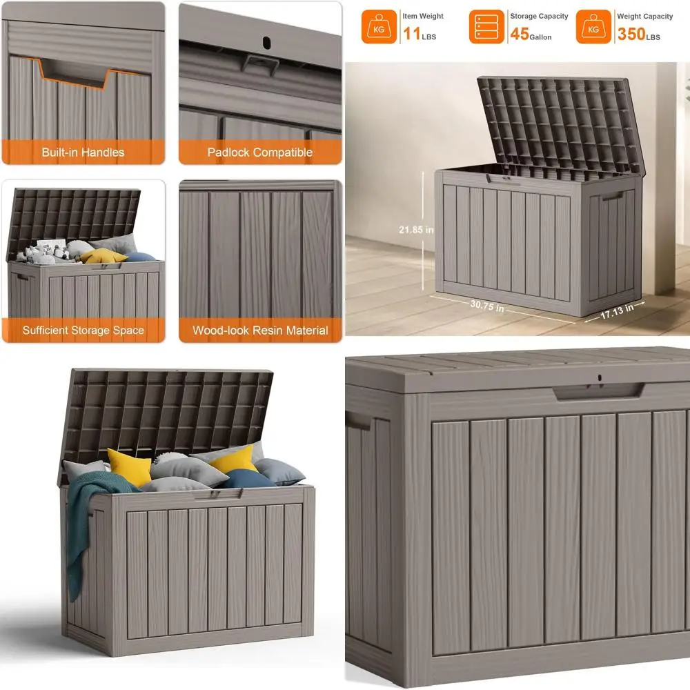 

Grey Lockable Outdoor Storage Box, 45 Gallon Resin Deck Box for Patio Furniture, Garden and Tool Storage