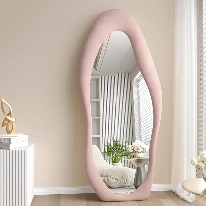 Pink Full Body Mirror Wavy Standing Aesthetic Nordic Apartment Decor Mirror Irregular Large Long Miroir Mural Household Goods