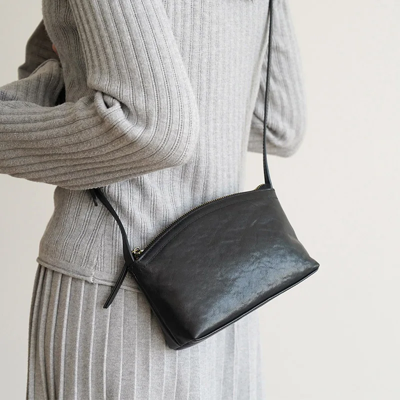 Soft Black Genuine Cowhide Leather Minimalist Crossbody Bag Slim Zipper Shoulder Purse for Women Casual Everyday Outings