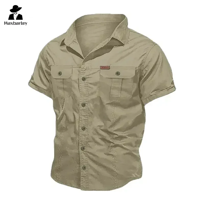 New Men\'s Work Shirt Casual Retro 100% Cotton Short Sleeve Flying Cargo Shirt Men\'s Summer Fishing Hunting Multi Pocket Shirt