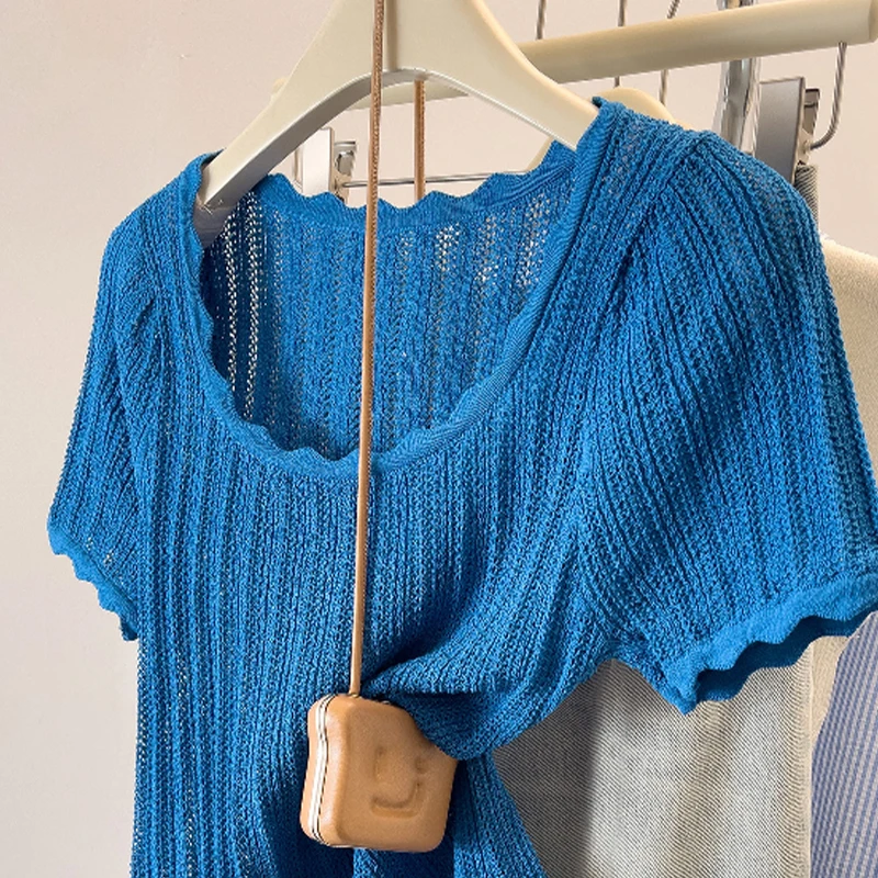 Fashion Short Sleeve Hollow Out Knitted Sweater Women Pullovers O-Neck Knitwears Knit Sweater Pullover Women Tops Sweaters Q2773