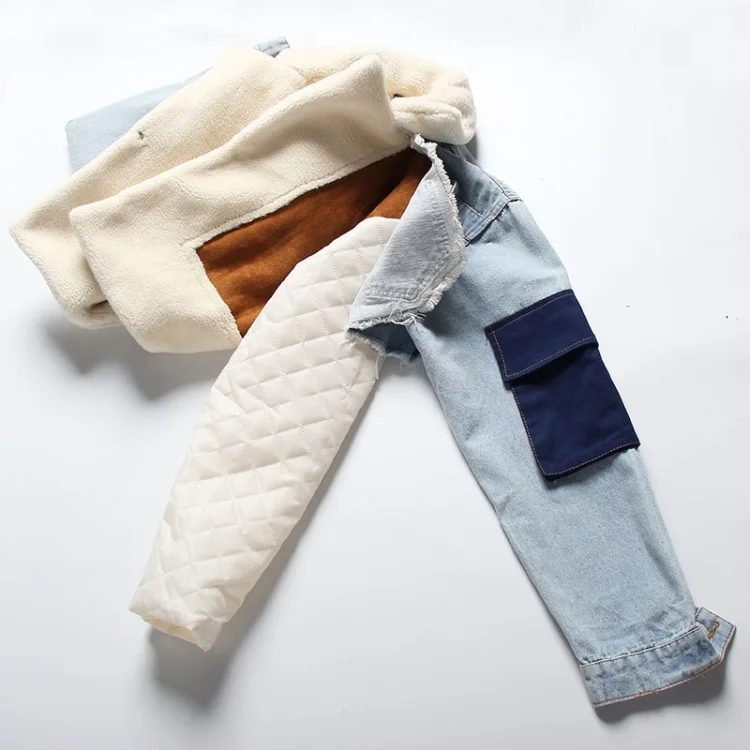 Chic Women Lambswool Fleece Patchwork Jeans Jacket Lambs Fur Turn Down Collar Denim Spliced Thickened Plush Cardigan Parkas Tops