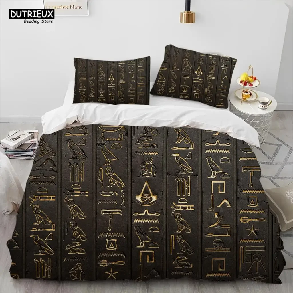Egyptian Mythology Pharaoh Hieroglyphics Comforter Bedding Set,Duvet Cover Bed Set Quilt Cover Pillowcase,Queen Size Bedding Set