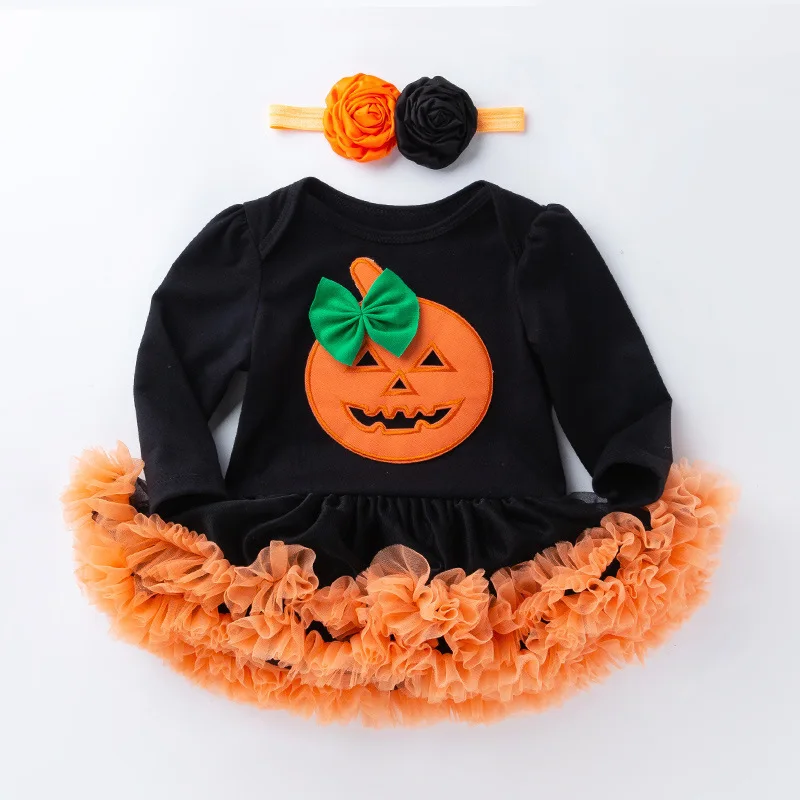 

Baby Girls Romper Dress Halloween Princess Kids Long-sleeved Pumpkin Skull Cartoon Bodysuit Dresses+Headband Party Costume Suit