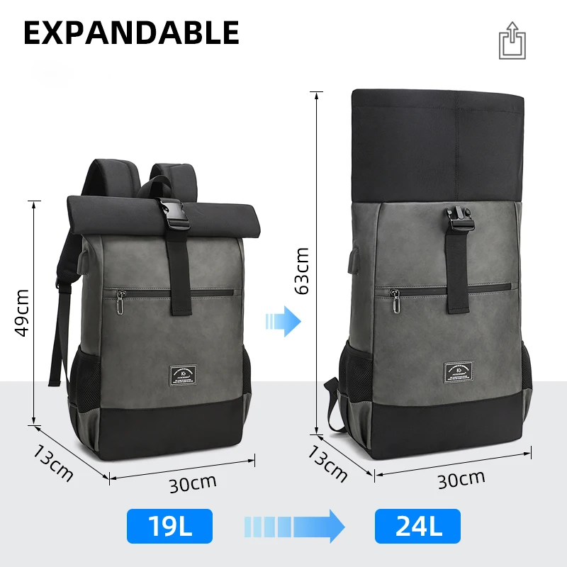 Imagem -04 - Kooger Mochila Roll Top para Homens e Mulheres Impermeável Leve Couro pu Expansível Usb Laptop Travel Bolsa Mochila