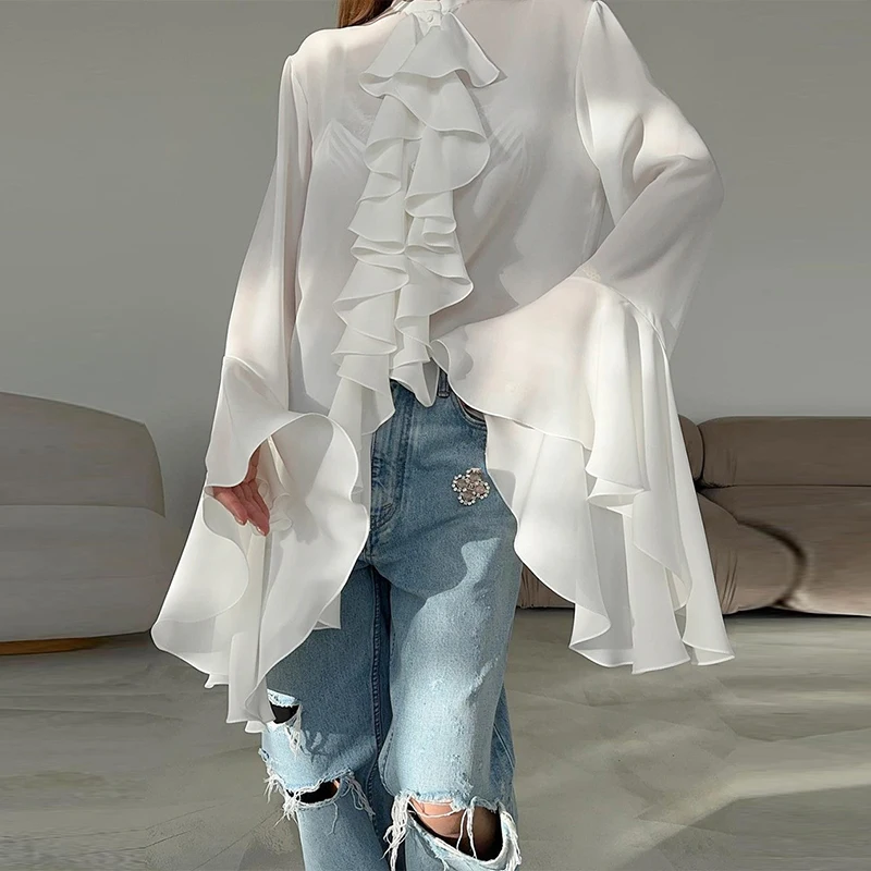

Весенний модный дизайн, однобортная рубашка с рюшами, повседневные женские блузки с круглым вырезом и рукавами-бабочками, женские темпераментные кардиганы, топы