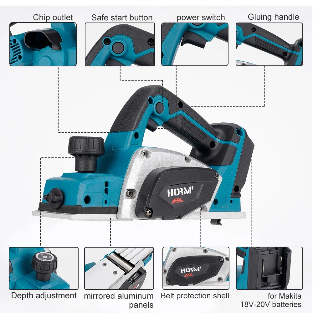 15000RPM Brushless Electric Planer Cordless Handheld Cutting Tool Planing Machine Carpenter Woodworking For Makita 18V Battery