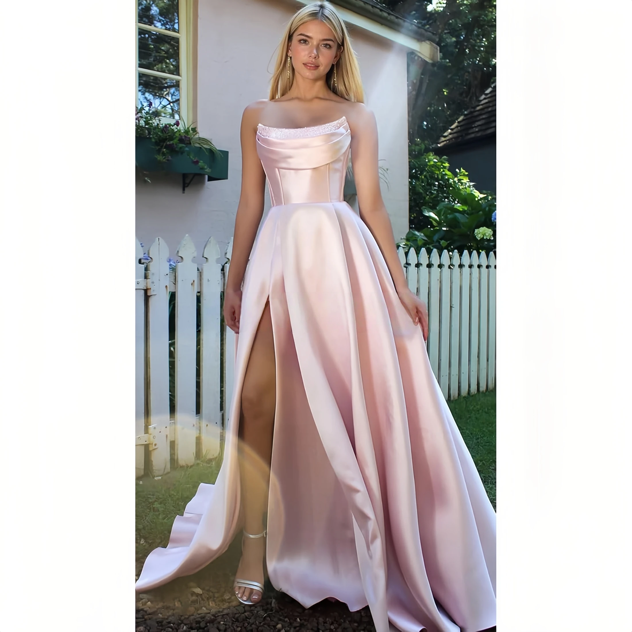

Beshinel Customized Pink Sleeveless Satin Prom Dresses 2025 Side Slit Long Evening Dresses Luxury Elegant Wedding Party Vestidos