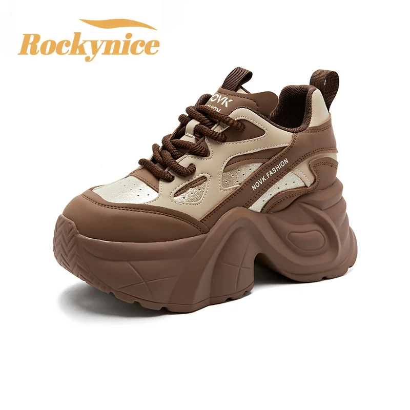 9CM Women Elevated High Platform Sneakers for 2026 Spring Leather Chunky Dad Shoes New Hidden Heels Sports Walking Shoes Woman