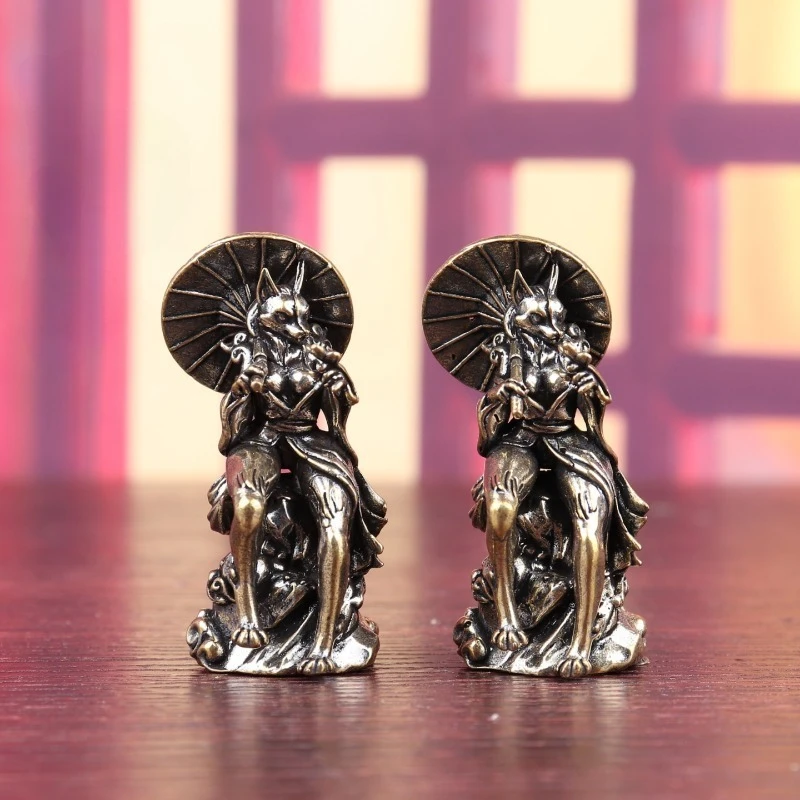 1 PC Solid Copper Fox Demon Miniatures Antiqued Small Ornament Study Office Desk Tea Pet Hand Fidget Craft Home Decor Accessory