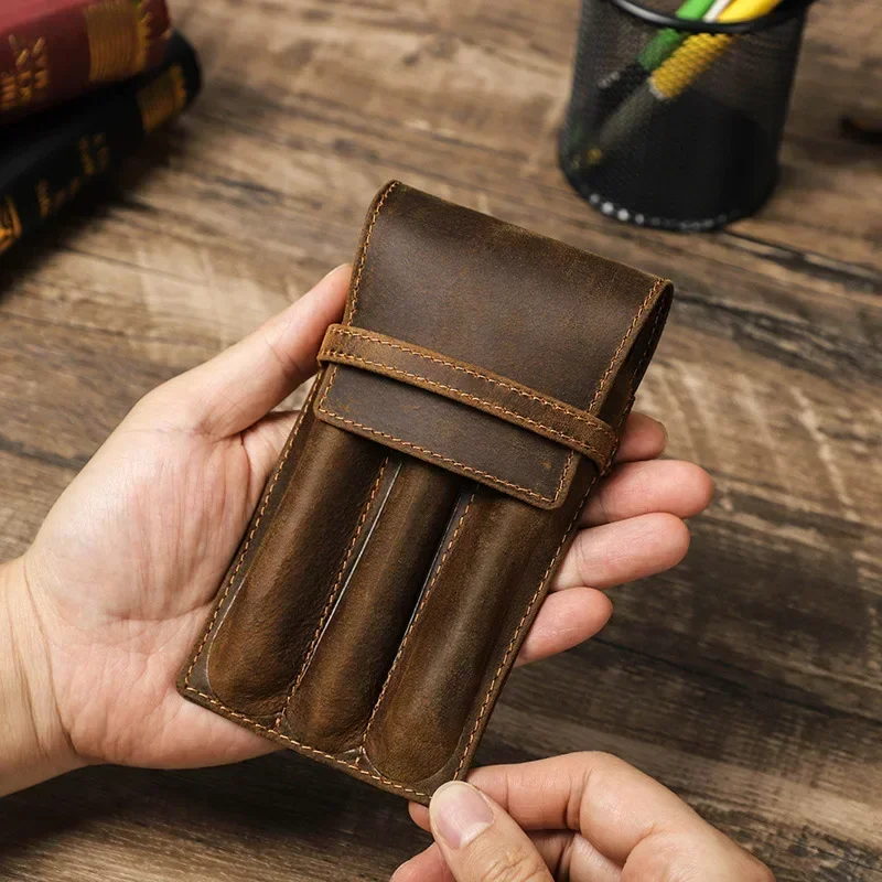 Luxury Genuine Leather Pen Bag Handcrafted Fountain Pen Pencil Case for 1-3 Pens Stationery Office School Supplies For JINHAO