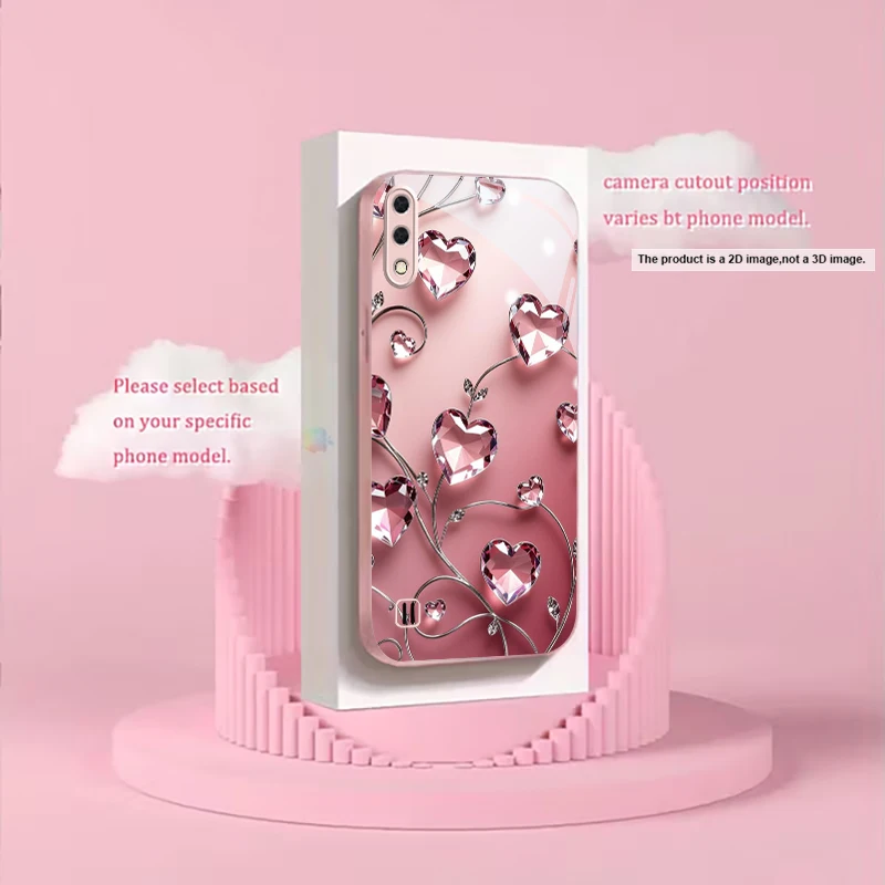 Crystal Heart Filigree Pink Metallic Glass Phone Case For Samsung A20s/A21s/A22/A23/A24/A25/A26/A31/A32/A33/A34/A36/A42/50 Cover