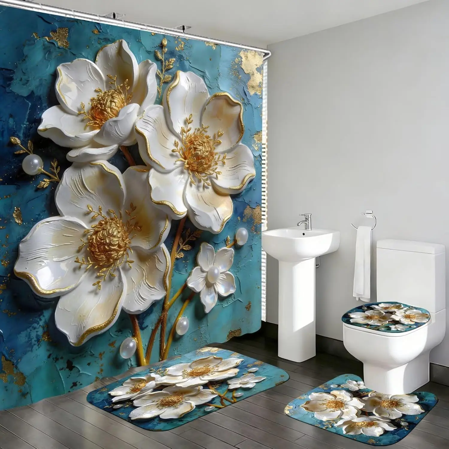 

Vintage Floral Shower Curtain Set - Blue Background, 4 Pieces with Hooks, Rug, and Toilet Lid Cover