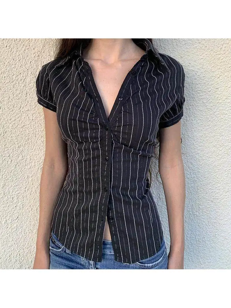 

Mally Striped irt Waist Cinched Single-Breasted Top ort Sve Ne Bubble Sve Patterned Women's Spring Faion