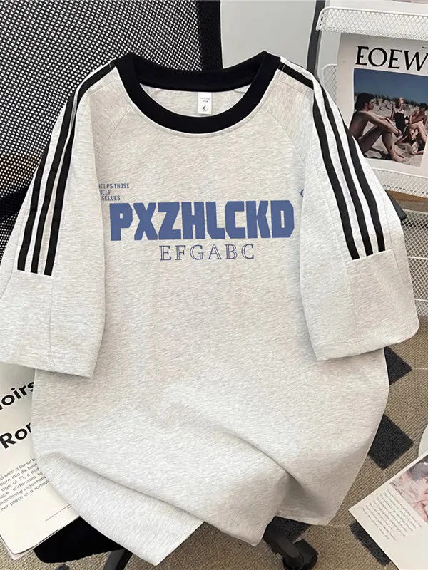 

plus Size 300 Pounds American Sport Three Bars Short Sleeve T-Shirt Women Pure Cotton Letter Print Couple Inner Wear Trendy Top