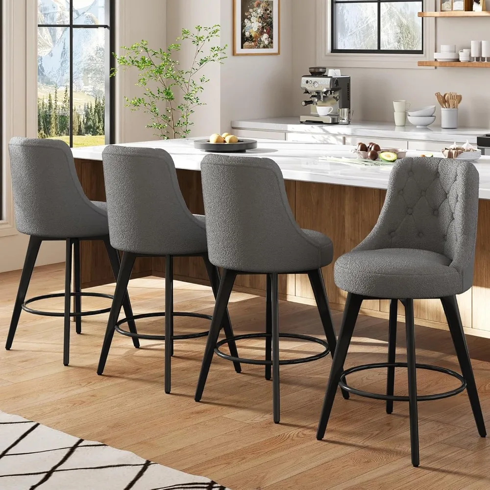

Modern Bar Stools Set of 4, Boucle Swivel Counter Height Stools with Back, Upholstered Barstools with Wood Legs, 26" Height Sea