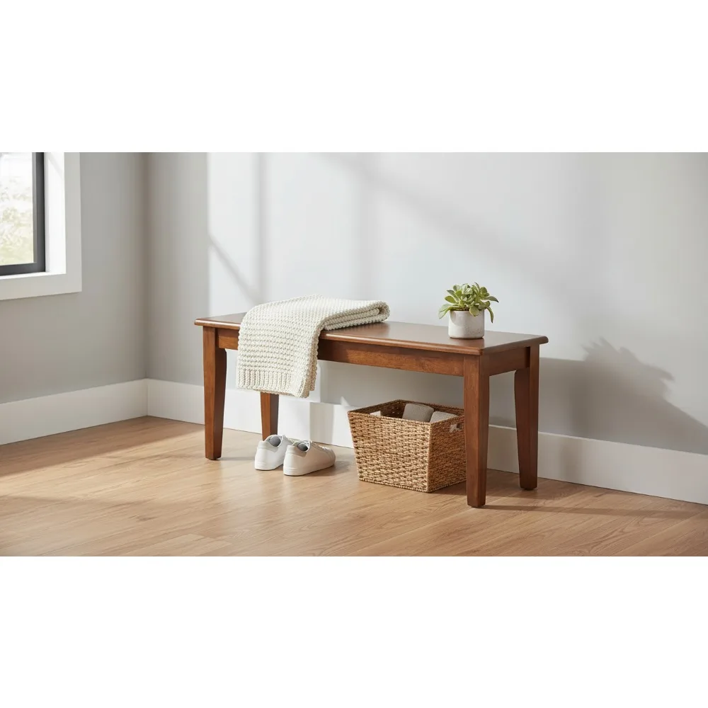 Modern Farmhouse Dining Bench, Walnut Finish, Rubberwood Frame, Backless Seating for 2, Easy Assembly