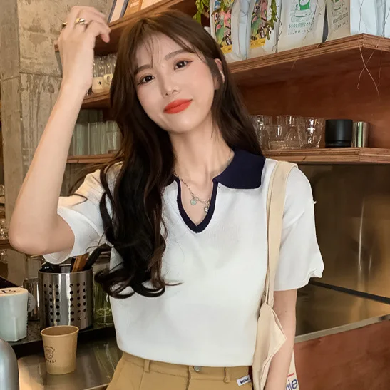 

Fashion Contrast Color V-neck Knitted Short Sleeves T-shirt Women's Summer Slim-Fitting Design Female Causal Thin Short Top D570