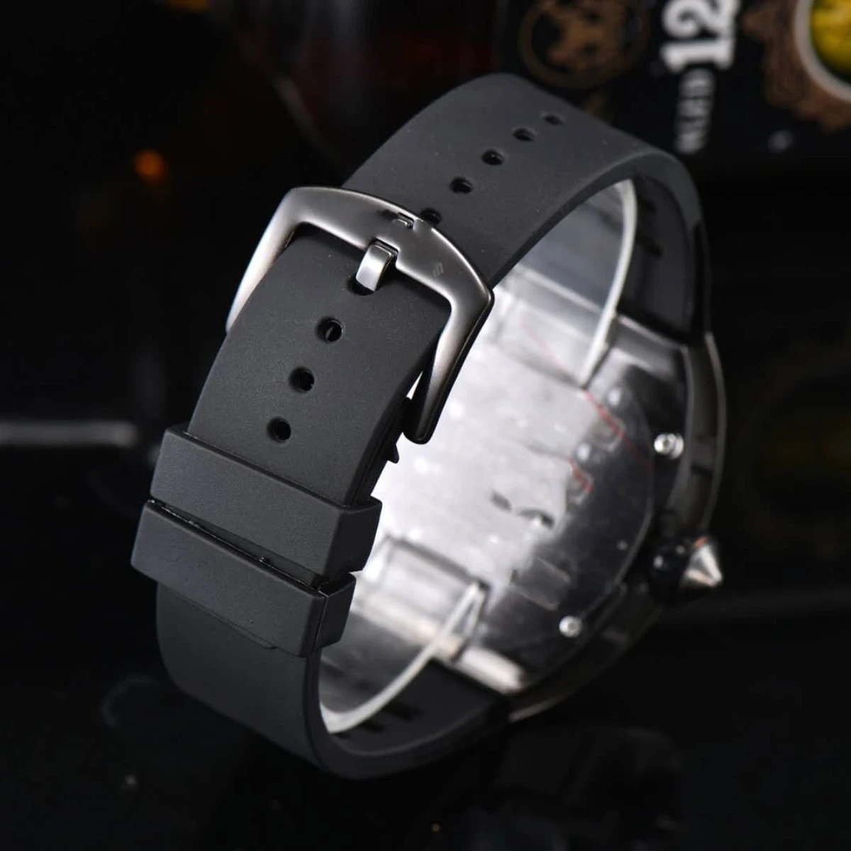 Mens Black Tonneau Fashion Diamond Punk Skeleton Silicone Quartz Analog Waterproof Wristwatch