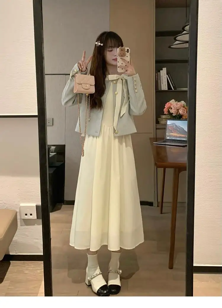 New Korean Style Sweet Girl Slimming Dress with a High-end French Short Style New Chinese Style Small Fragrant Style Jacket Top