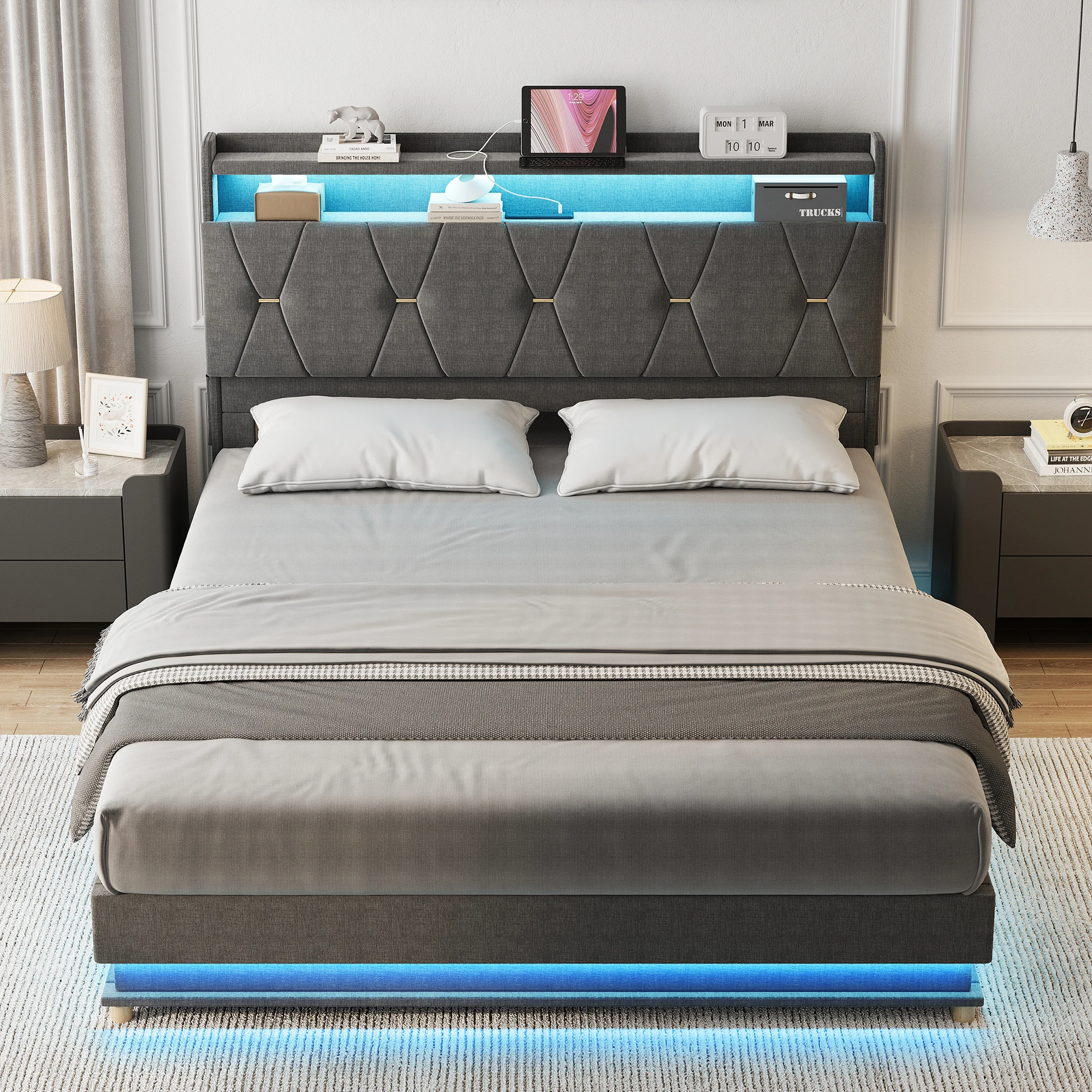 إطار سرير Vabches يرفع مع لوح أمامي للتخزين ومخرج طاقة، وإطار سرير بمنصة منجدة لأضواء LED لغرفة النوم بدون ضوضاء