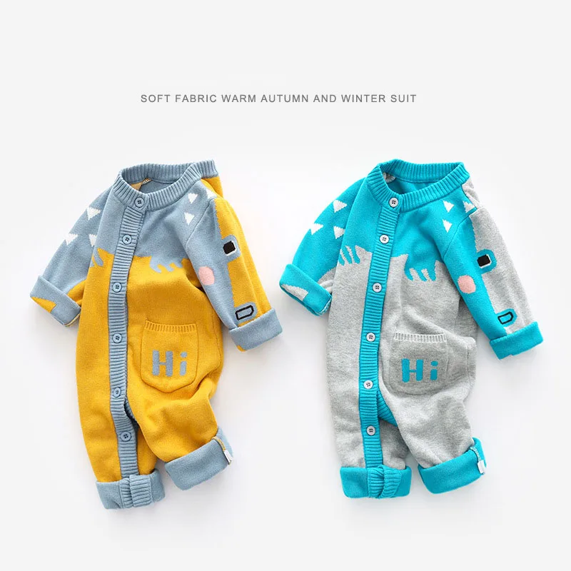 Autumn Winter Newborn Boys Jumpsuit Letter Pocket Polychromatic Jacquard Infant Boys Romper Knitted Thickened Baby Boy Bodysuit