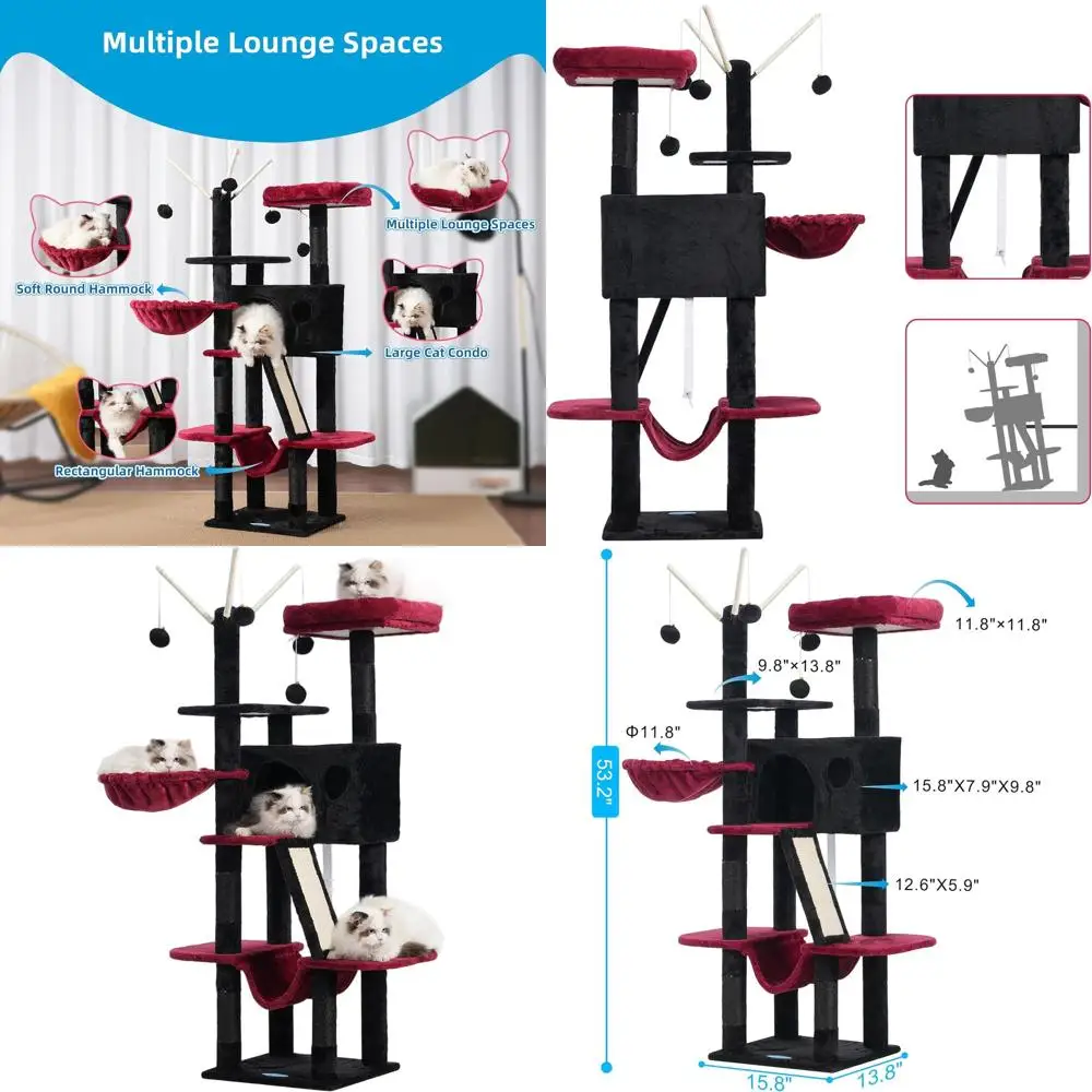 

53 Tall Cat Tower with Padded Bed, Toy Balls, Cozy Condo, Hammocks, and Scratching Posts in Black & Red