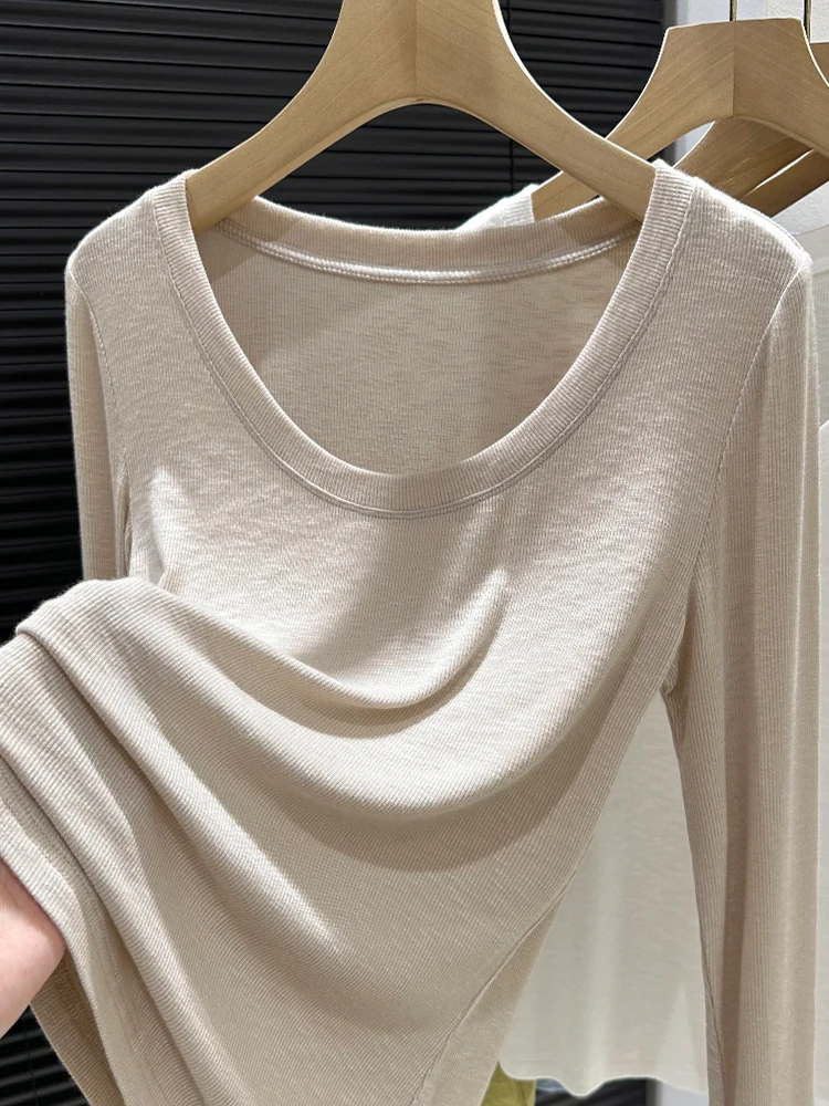 

Women's Knitted Long Sve T-irt Bamboo Cotton Low Ne Base irt Spring Autumn Thin Top Sexy Commute Sle Pure Color