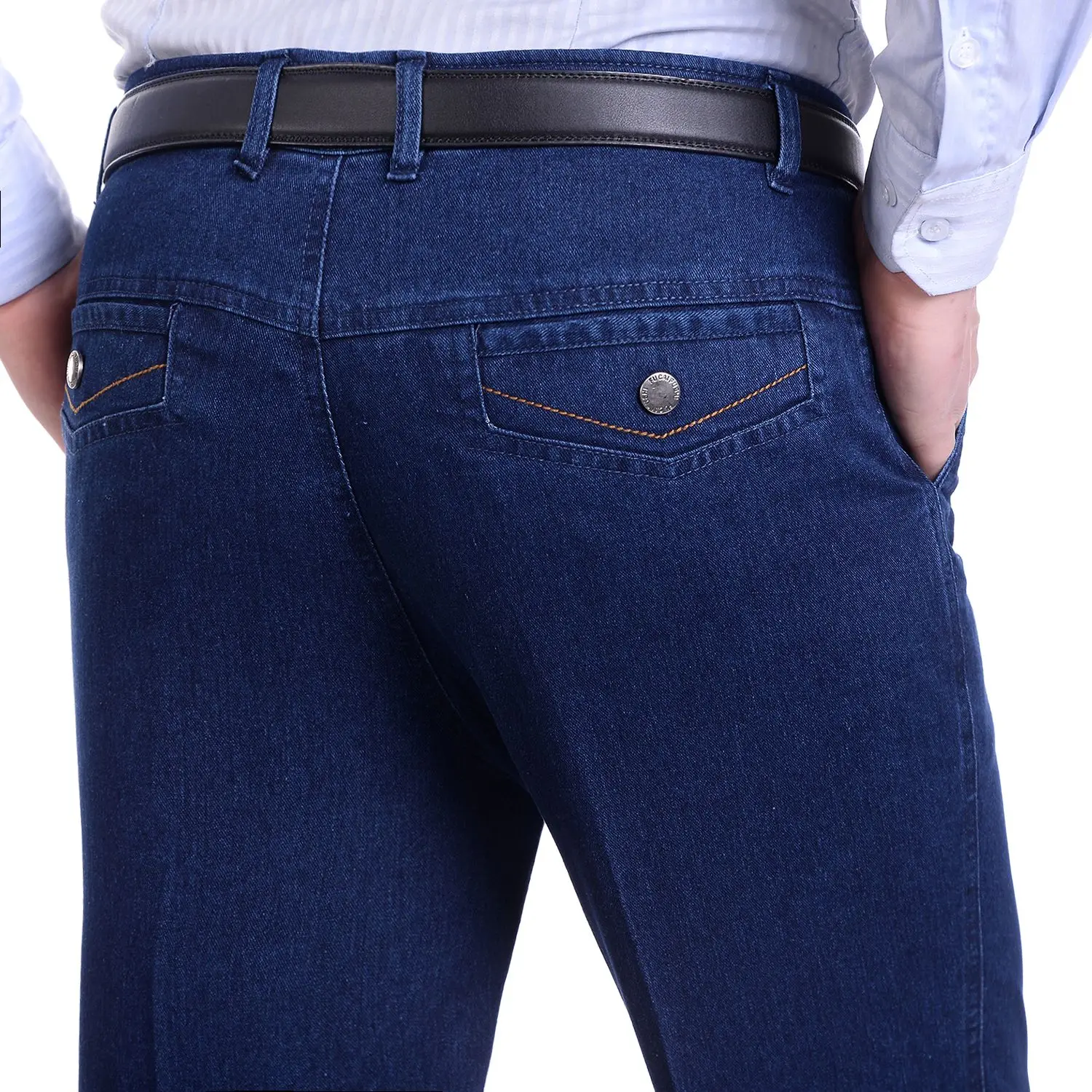 Autumn Winter New Middle-aged Elderly Men's Jeans High Waist Loose Elastic Straight Casual Long Pants Wear-resistant Trousers