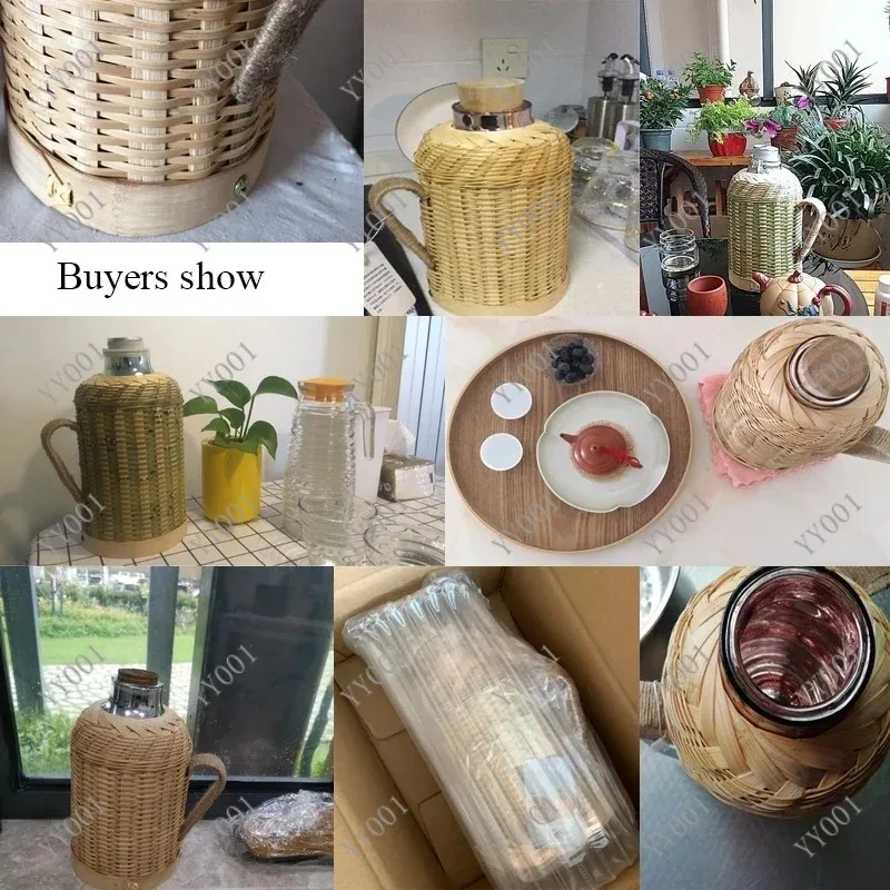 Handmade Bamboo Weaving Vacuum Flask Glass Liner Large Capacity Water Bottle With Handle