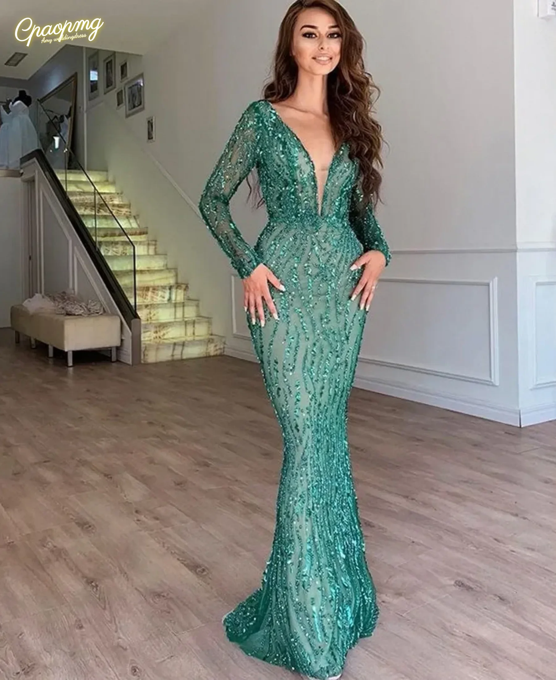 

Customized Green Beaded Prom Dress Mermaid Formal Party Ball Gown Long Sleeve Evening Dresses V-neck Pageant Drseses Plus Size