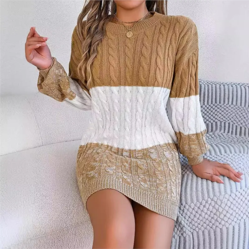 New Autumn And Winter Color Matching Fried Dough Twists Lantern Sleeve Wool Dress Women's Round Neck Long Sleeve Hip Wrap Skirt 